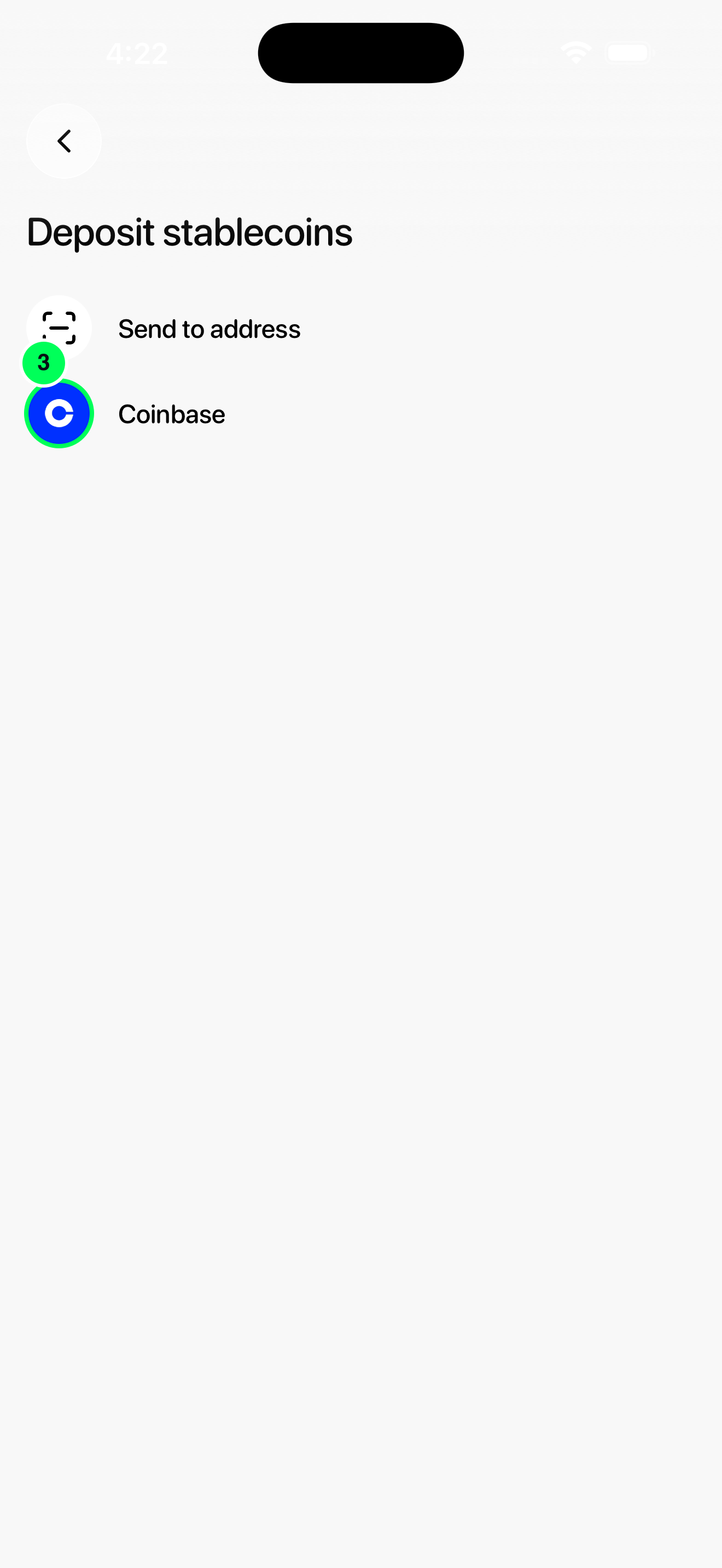 Coinbase option on the Deposit stablecoins screen
