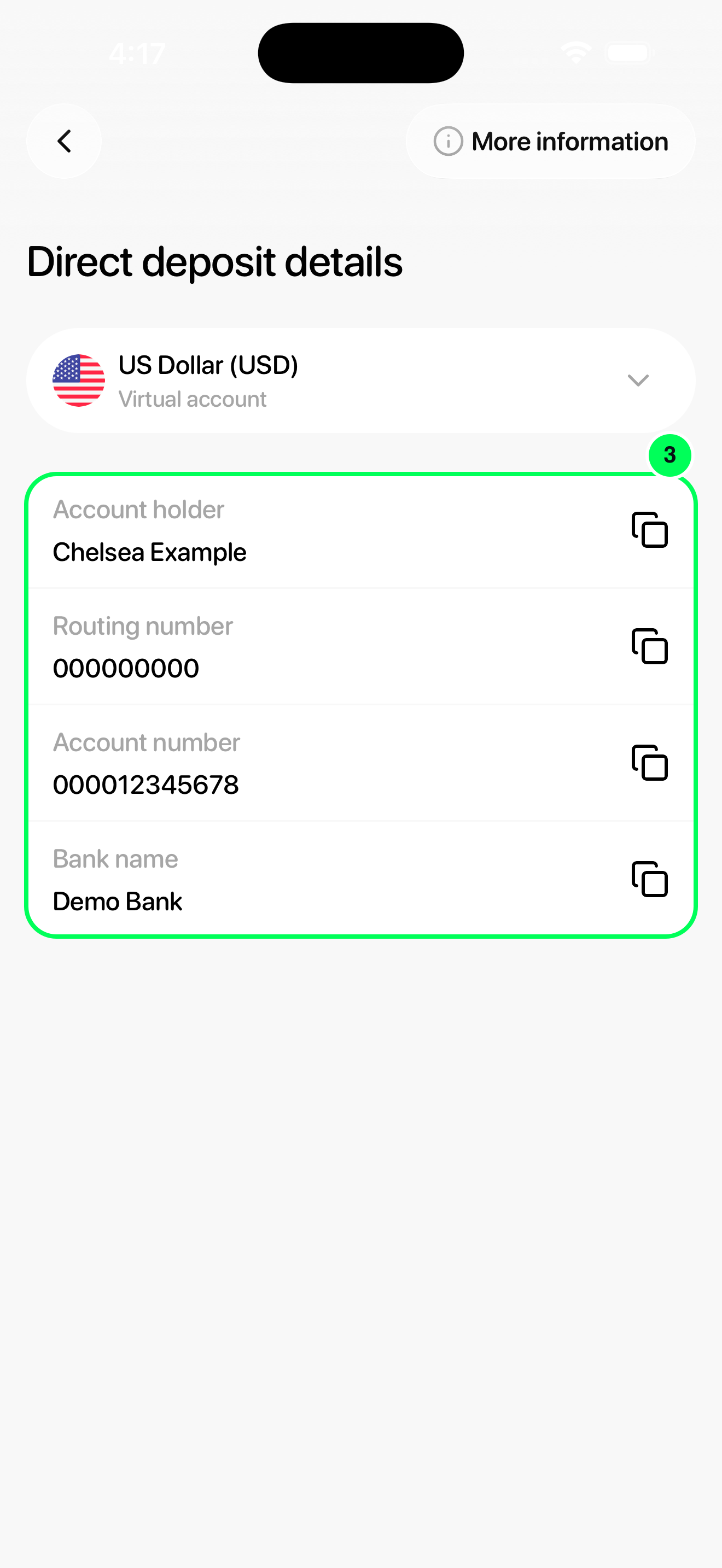 Send dollars to your account details in the new Tuyo app
