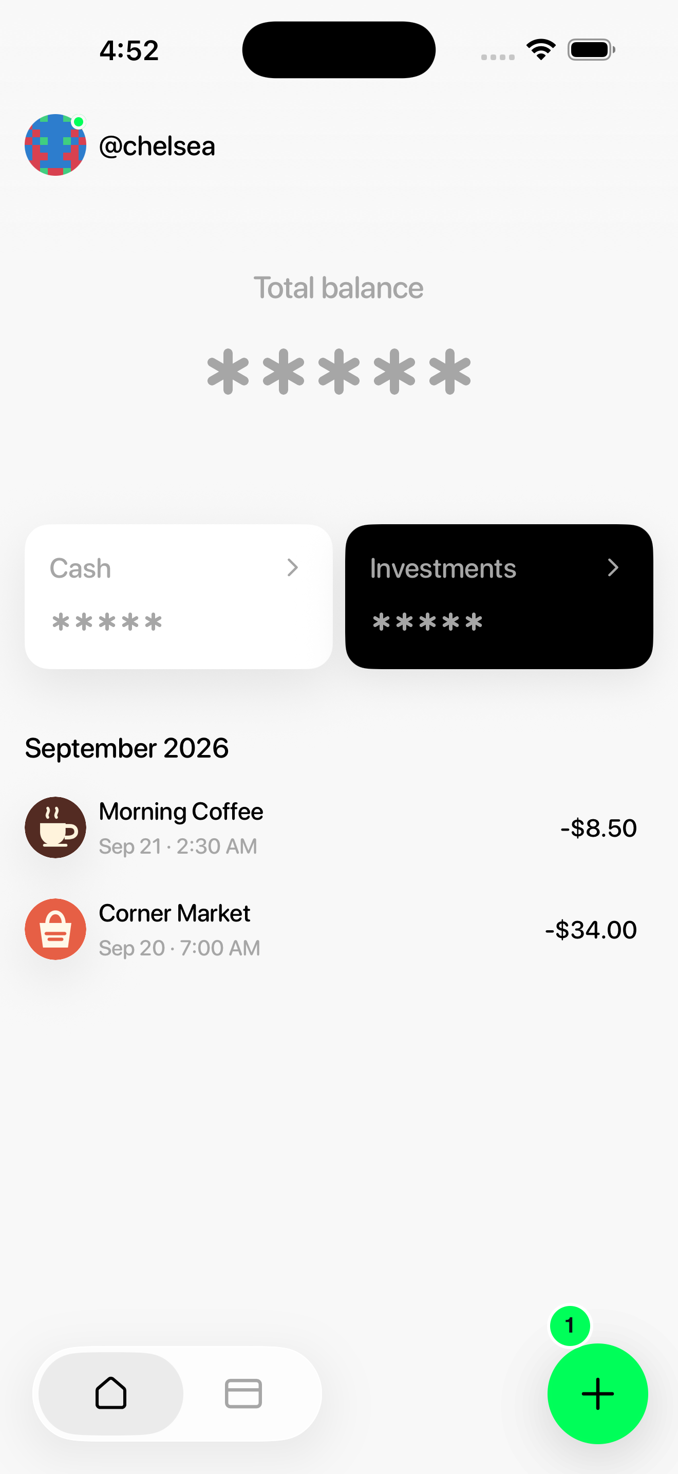 Green plus action button on Tuyo Home