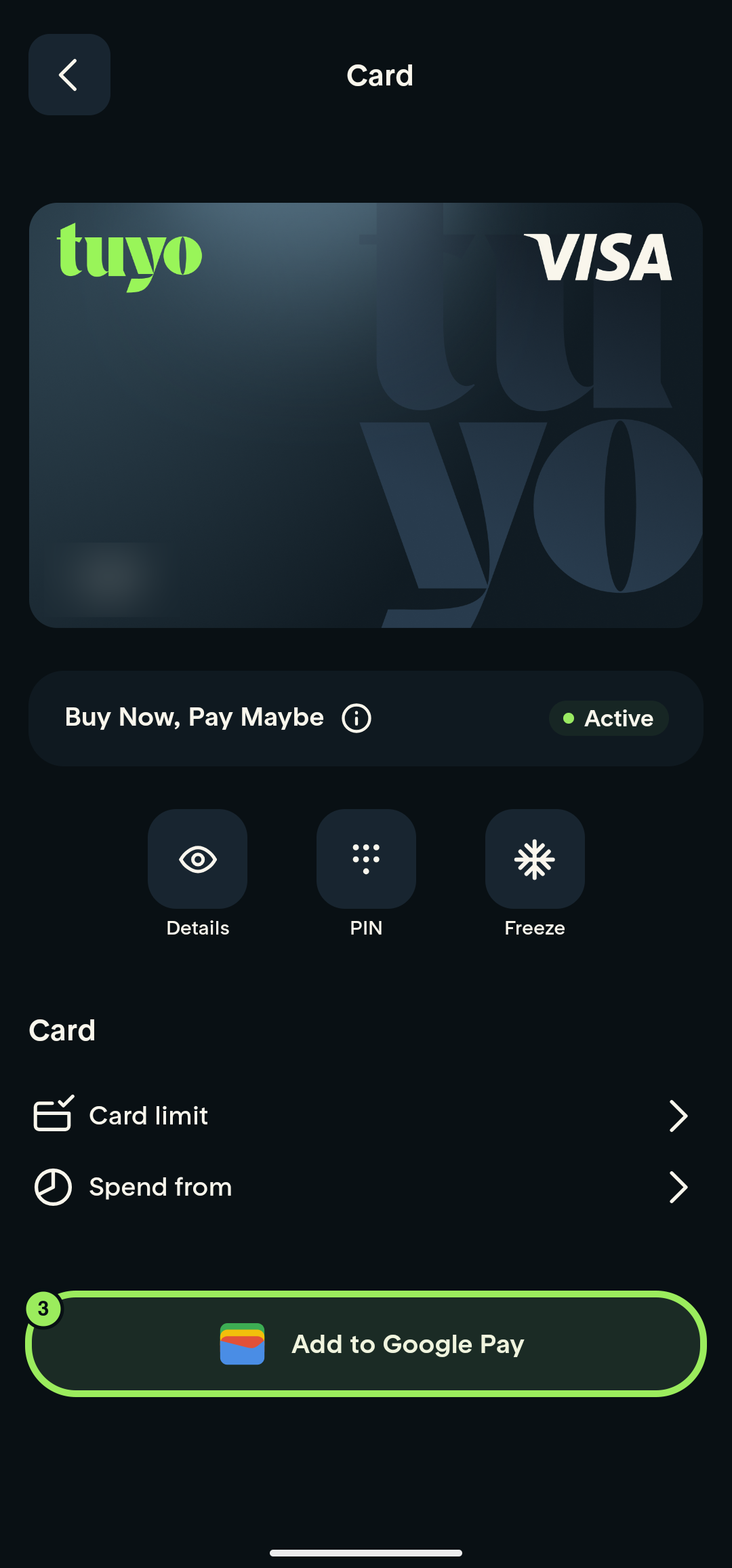 Card-management page with Add to Google Pay highlighted