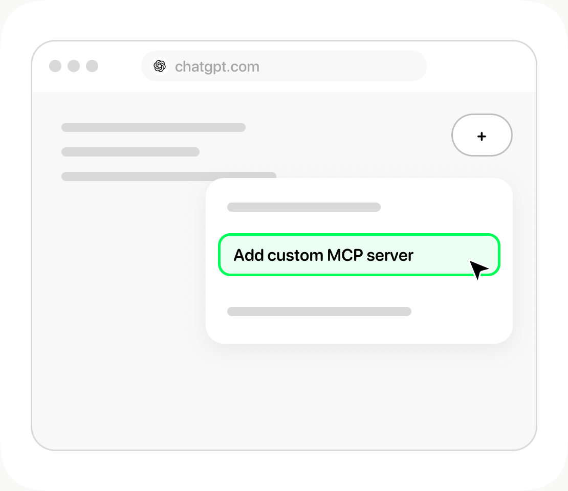 ChatGPT illustration with Add custom MCP server highlighted.