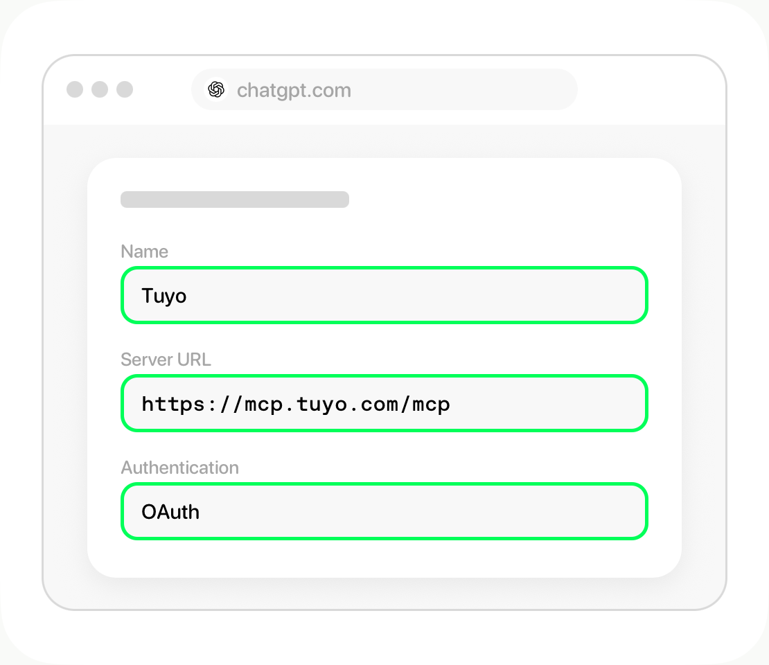 ChatGPT connection form showing Tuyo, https://mcp.tuyo.com/mcp, and OAuth.
