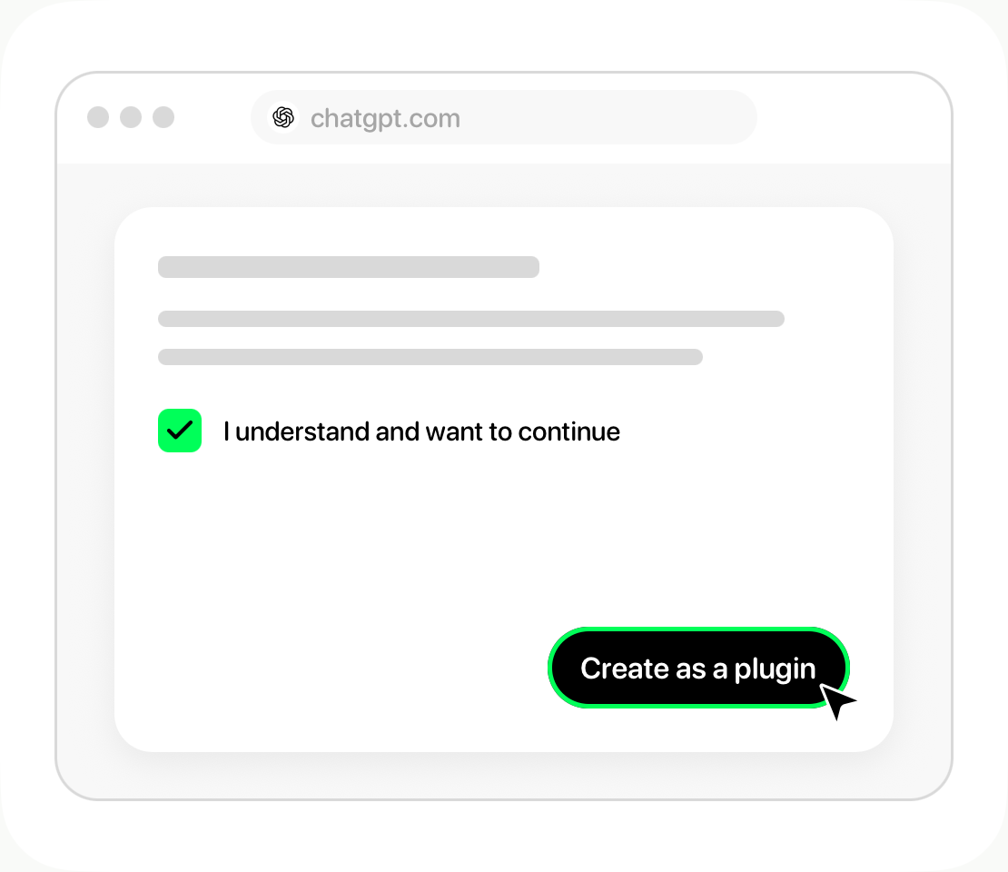ChatGPT illustration showing the confirmation checkbox and Create as a plugin.