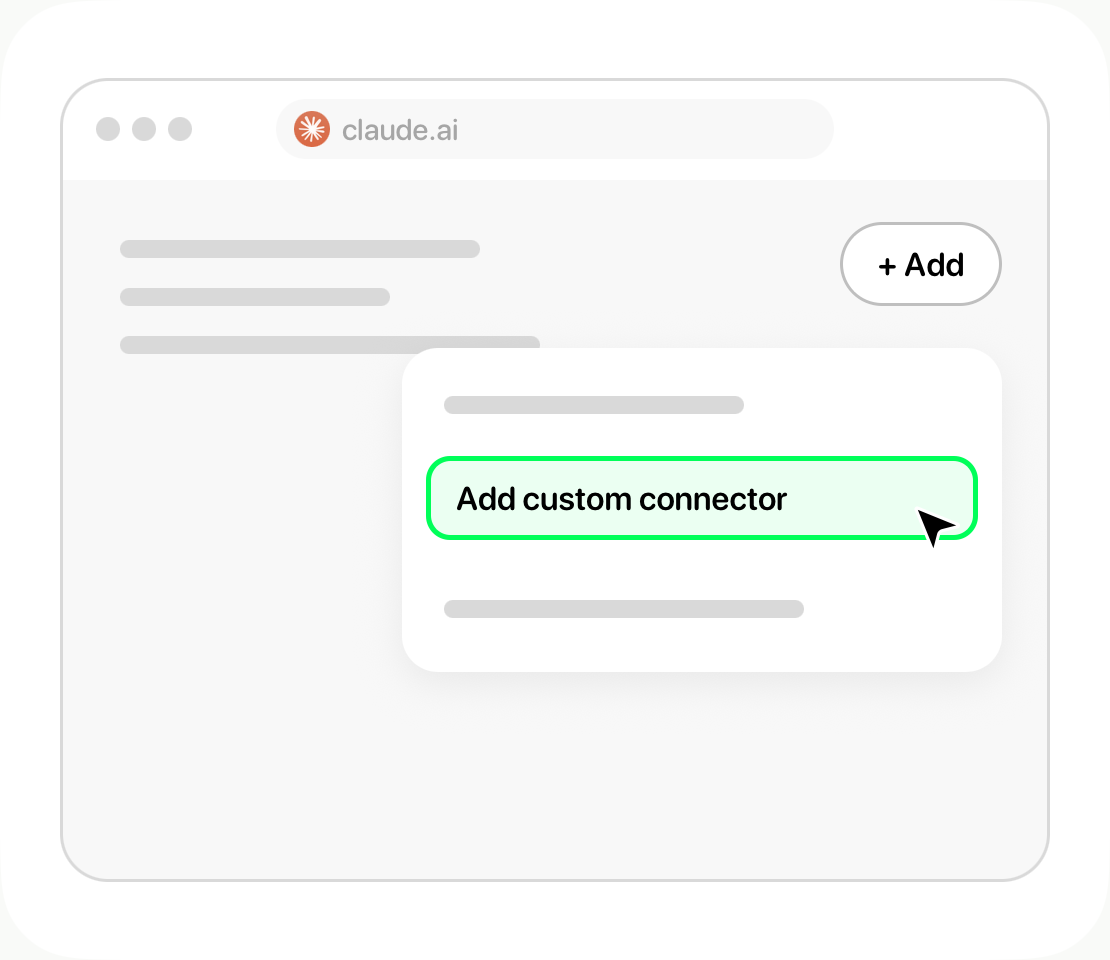 Claude illustration showing the Add custom connector menu item outlined in green.
