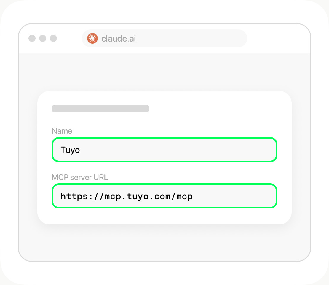 Claude connector form showing Tuyo as the name and https://mcp.tuyo.com/mcp as the server URL.