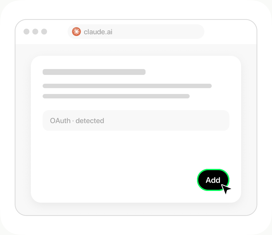Claude illustration showing detected OAuth authentication and the Add button.