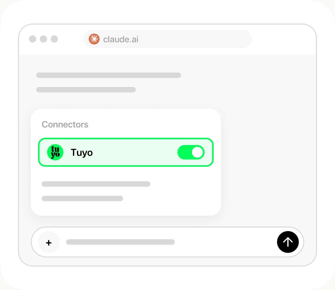 Claude illustration showing the Connectors menu with Tuyo available.
