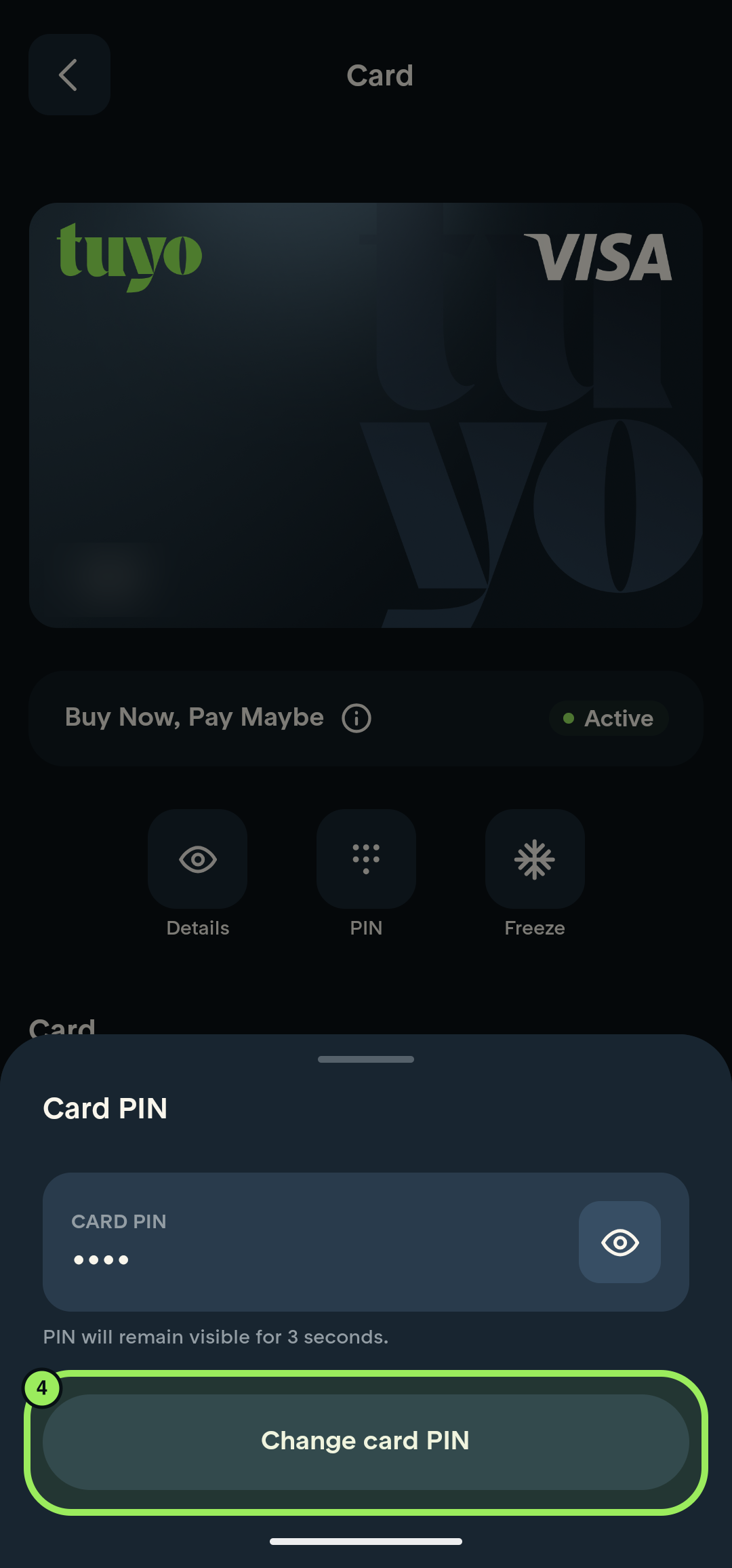Card PIN panel with Change card PIN highlighted