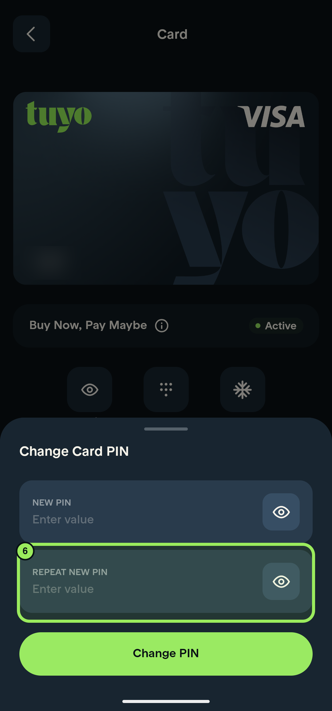 Change Card PIN panel with the Repeat new PIN field highlighted
