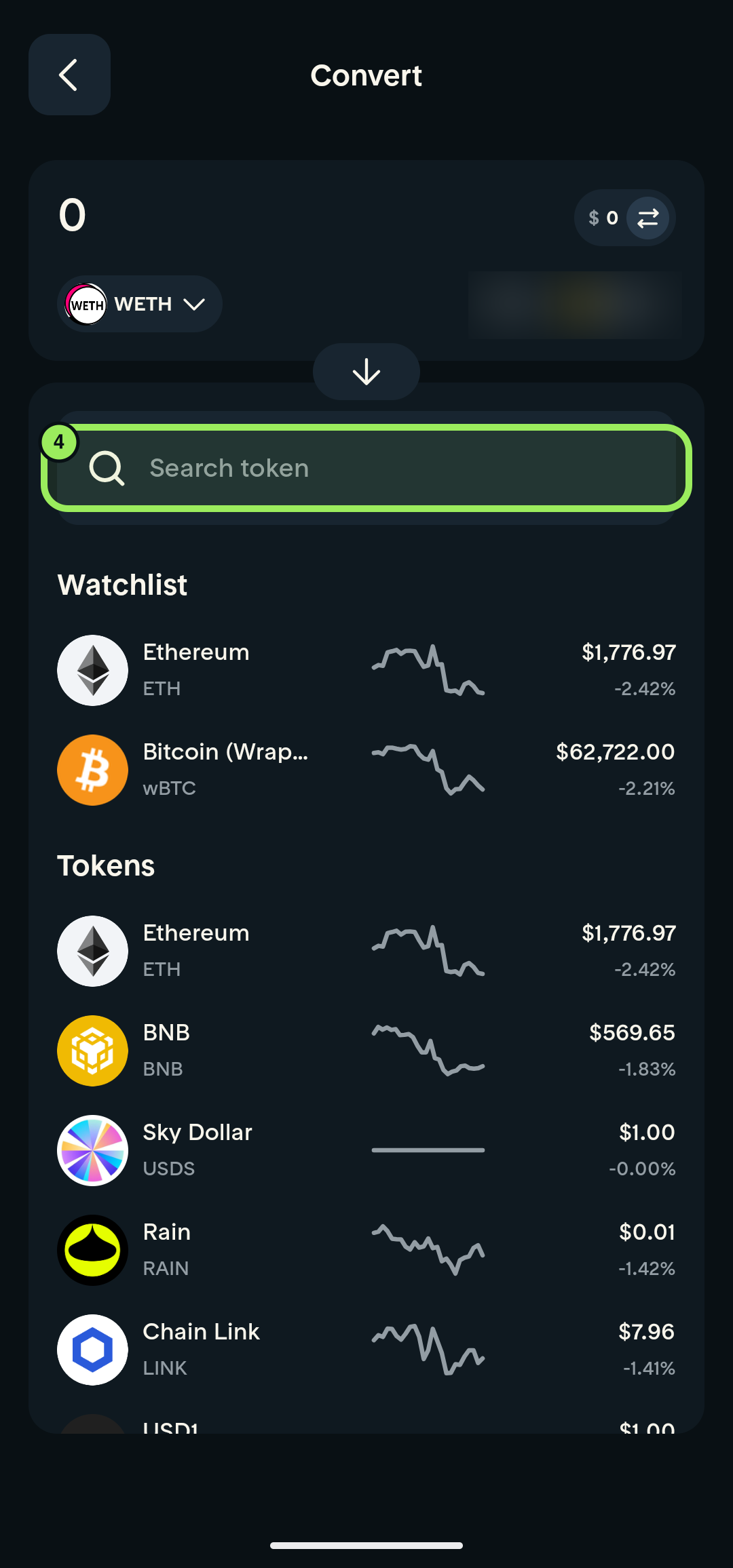 Full-screen Convert page with Search token highlighted and account balance blurred