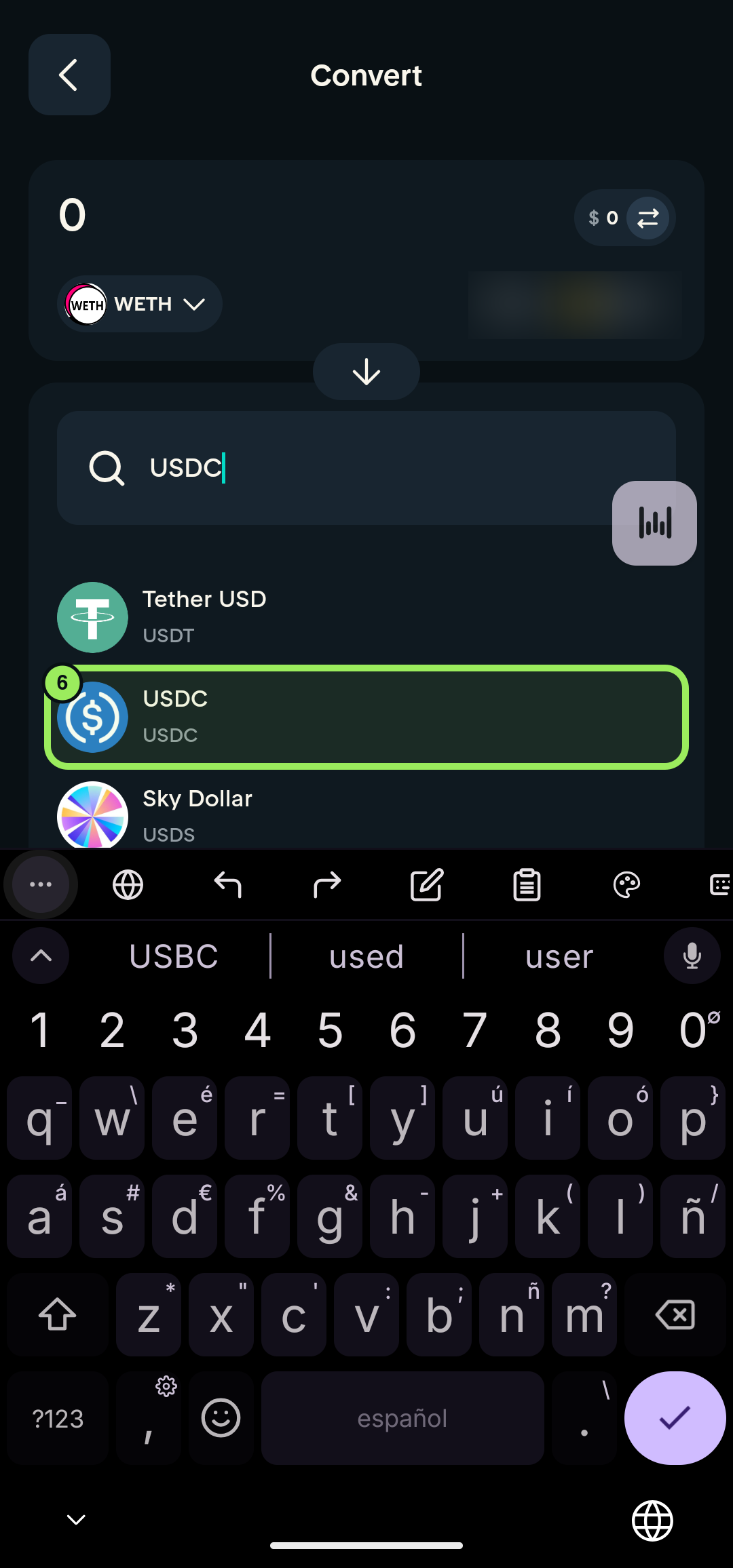 Full-screen USDC search results with USDC highlighted and account balance blurred