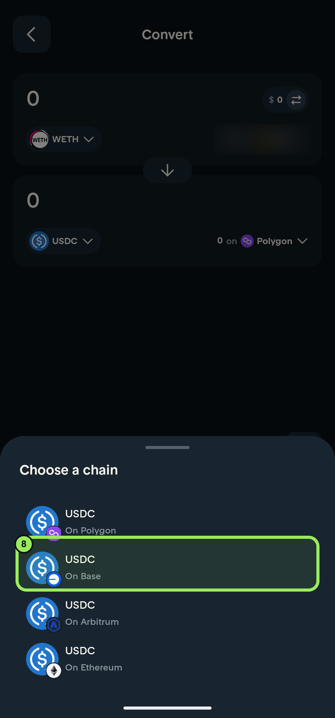 Full-screen chain picker with USDC on Base highlighted and account balance blurred