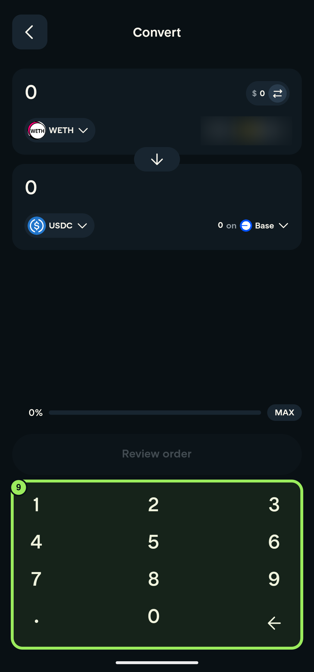 Full-screen Convert page with the amount keypad highlighted and account balance blurred