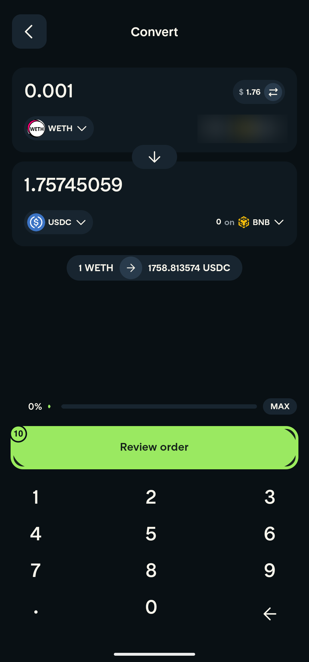Full-screen Convert page with Review order highlighted and account balance blurred