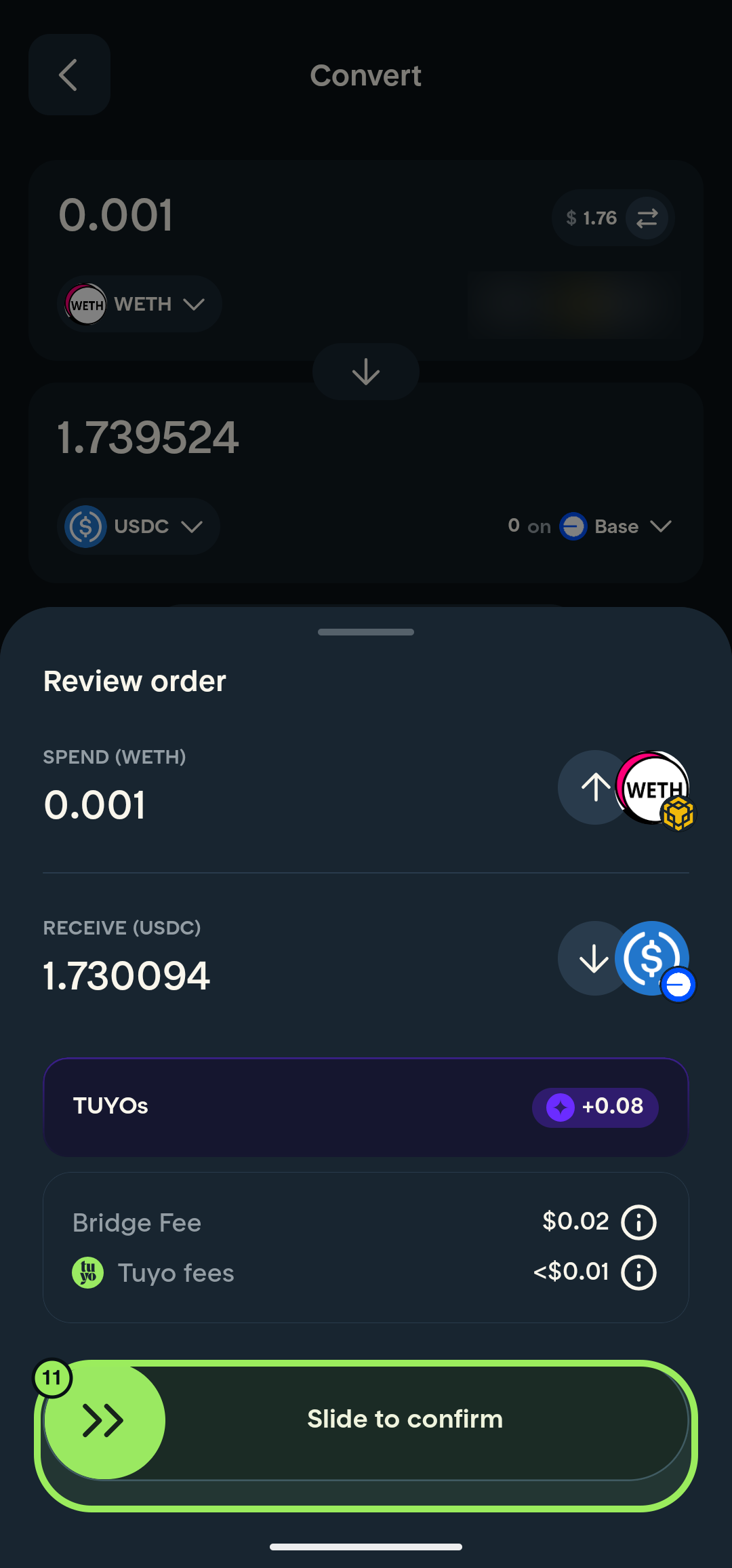 Full-screen order review with Slide to confirm highlighted and account balance blurred