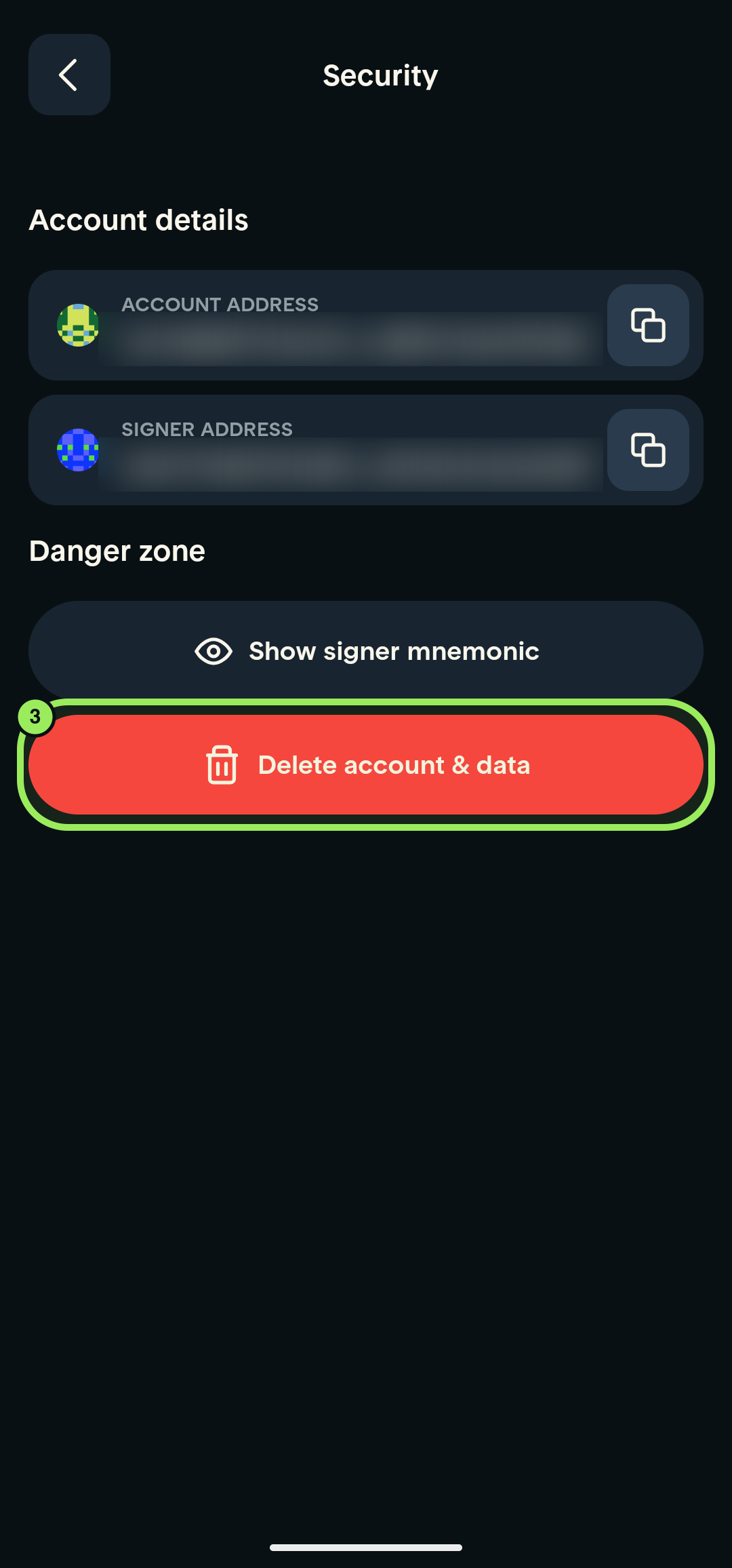 Security page with account addresses blurred and Delete account and data highlighted