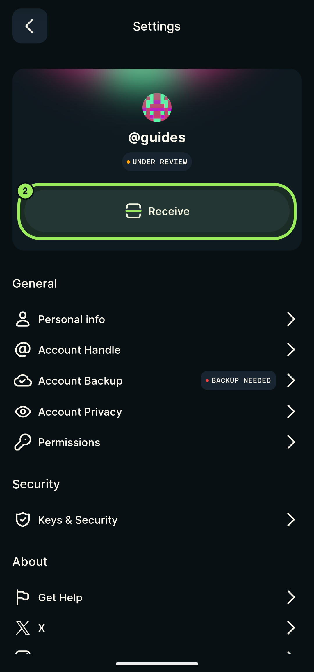 Settings page for the guides account with Receive highlighted