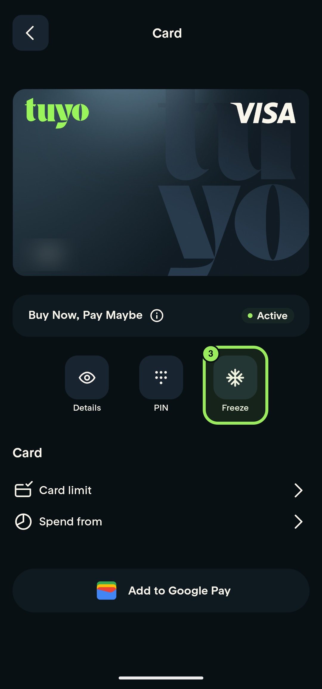 Active card-management page with the card identifier blurred and Freeze highlighted