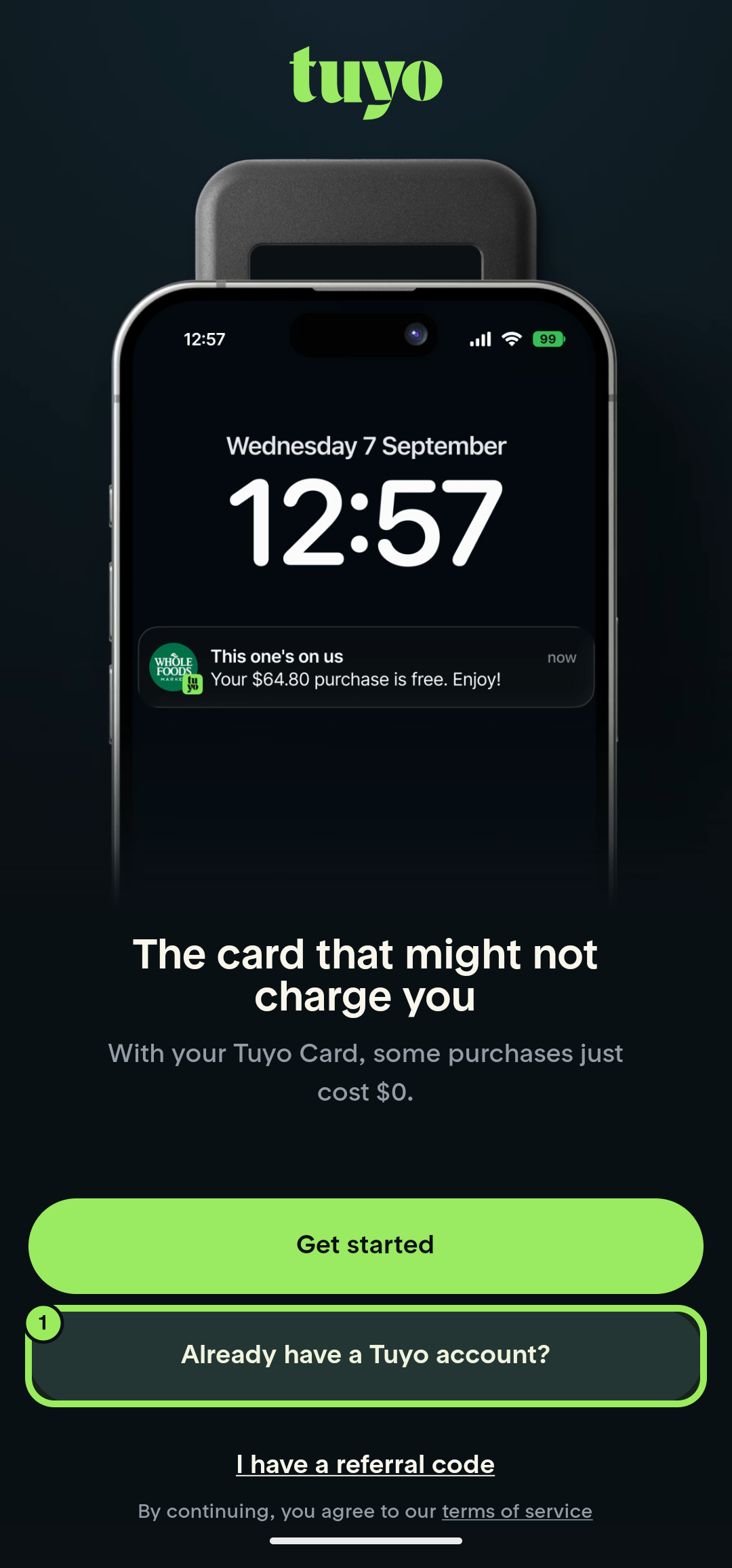 Full-screen Tuyo welcome page with Already have a Tuyo account highlighted