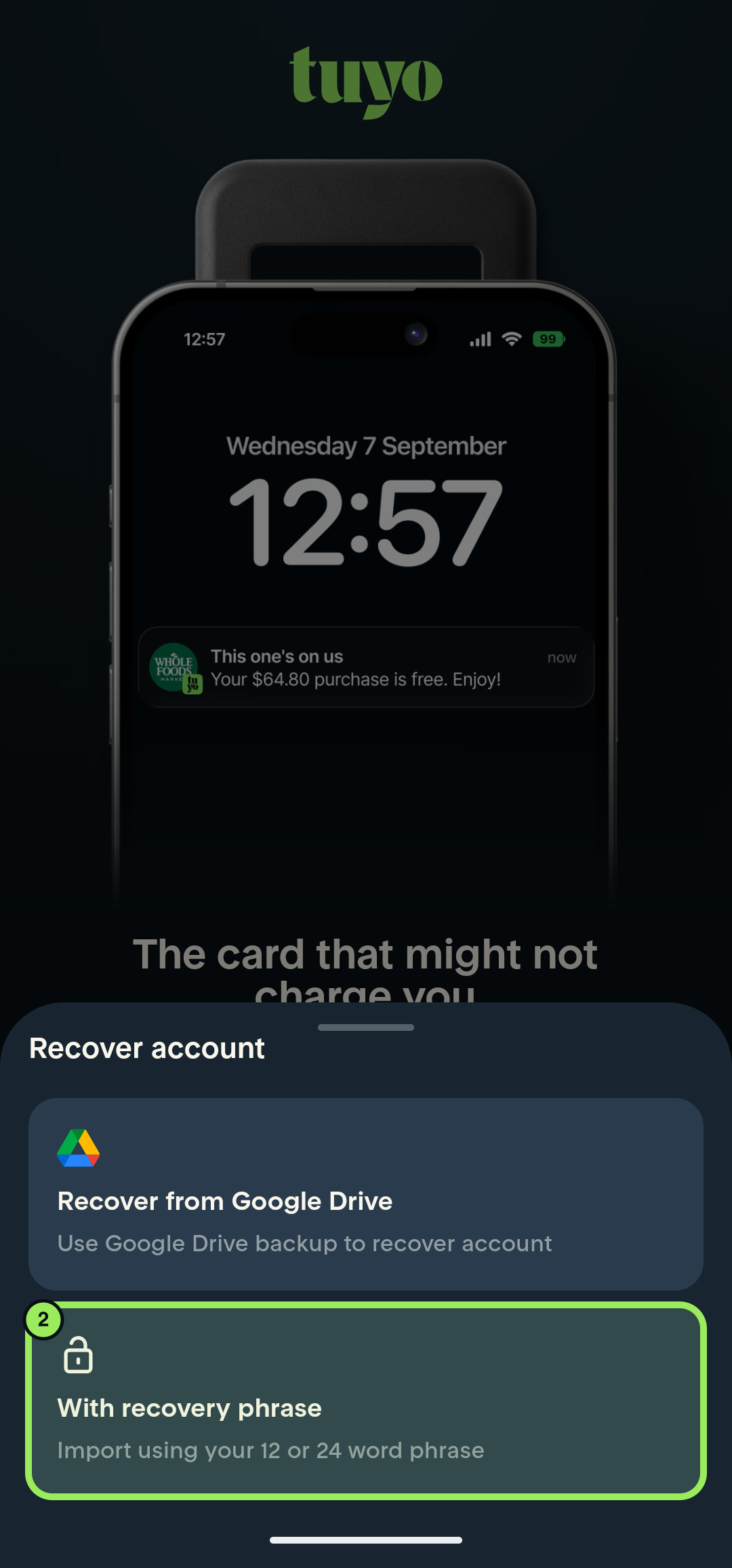 Full-screen account recovery options with With recovery phrase highlighted
