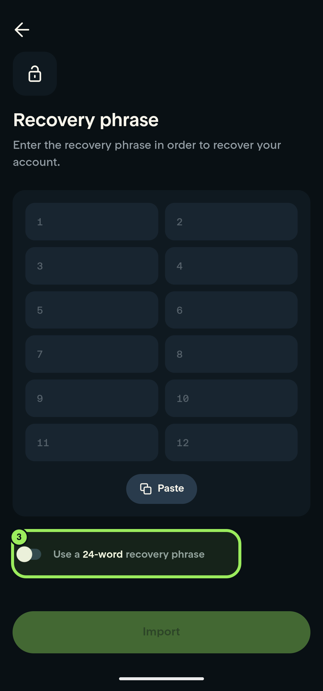 Full-screen empty recovery form with the 24-word switch highlighted