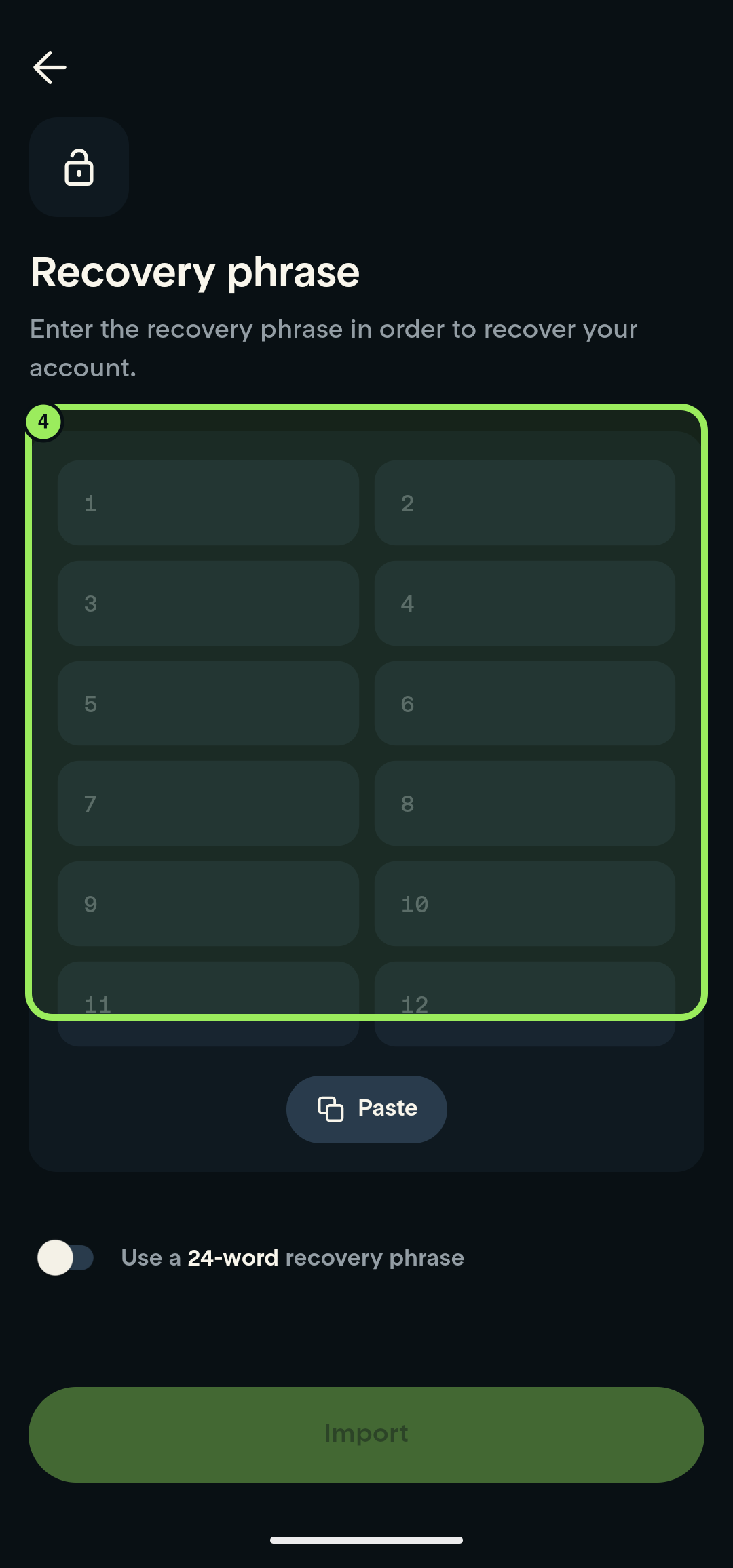 Full-screen empty recovery form with the phrase fields highlighted; no recovery words are shown
