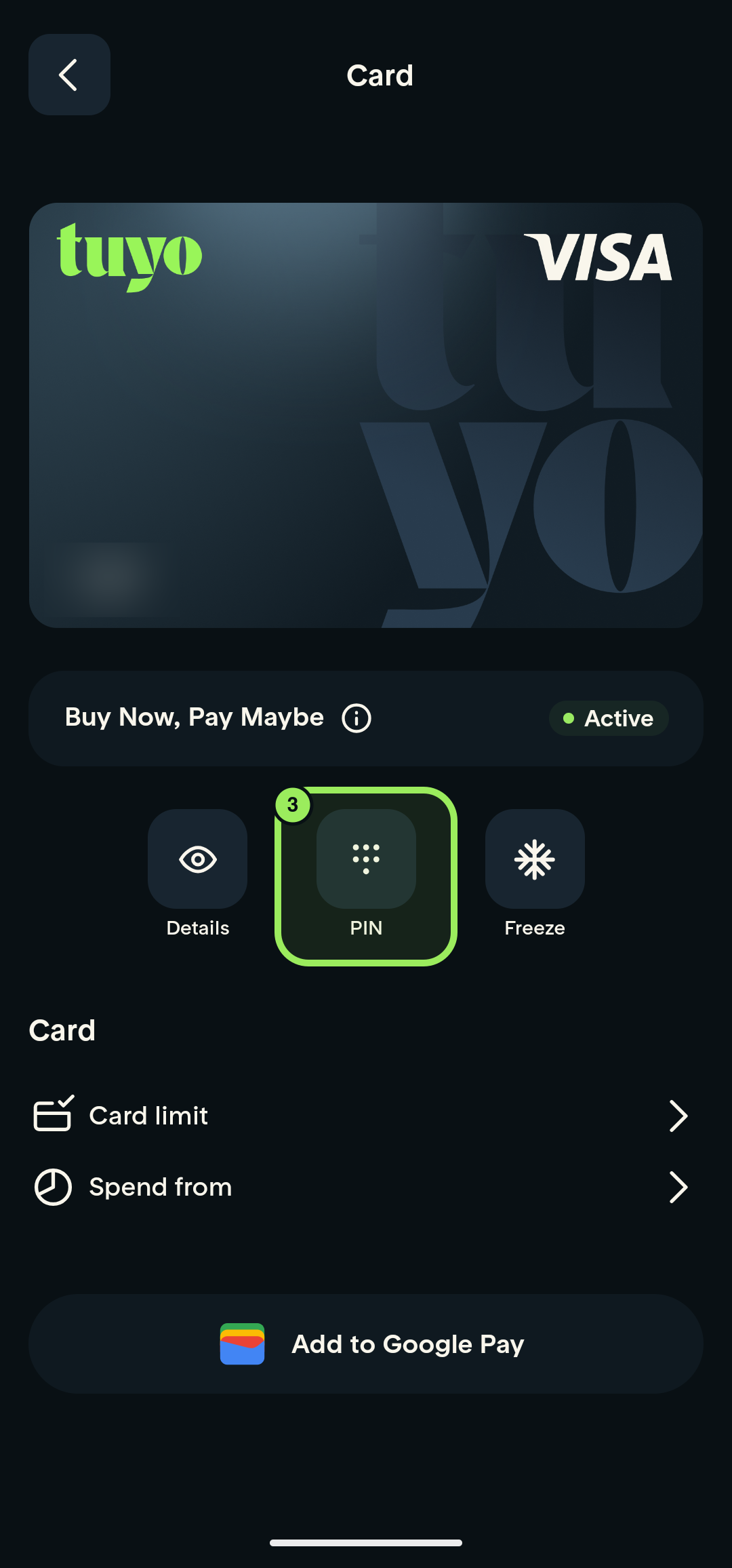 Card management page with the card identifier blurred and PIN highlighted