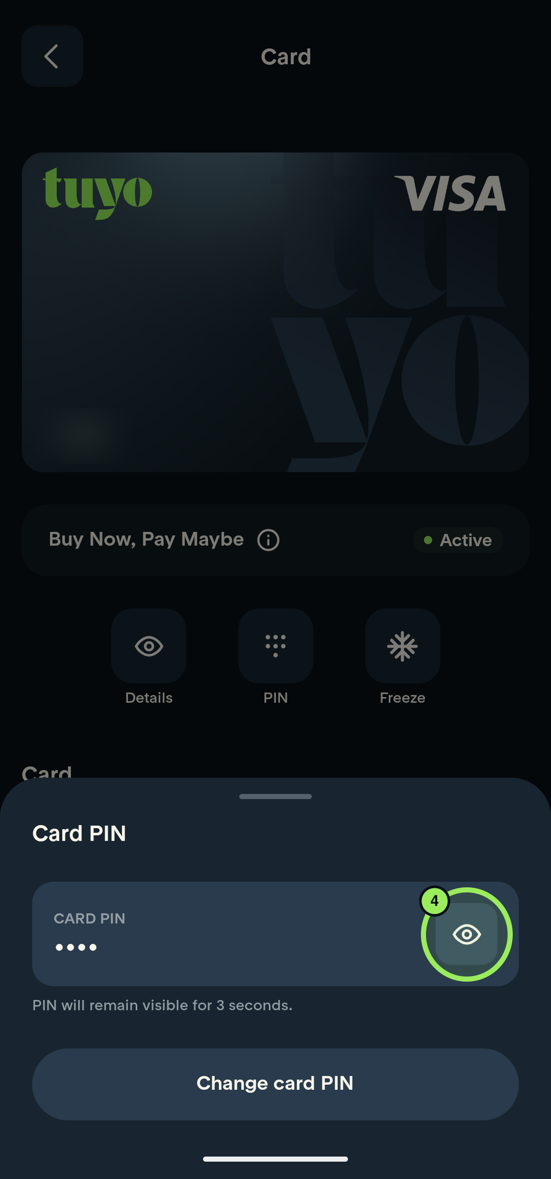 Card PIN panel with the card identifier blurred and the reveal icon highlighted
