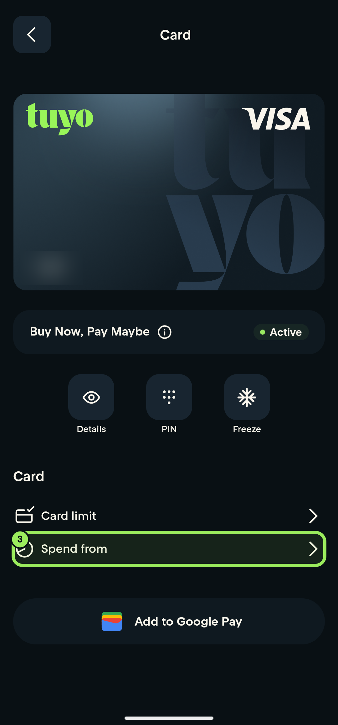 Card-management page with Spend from highlighted