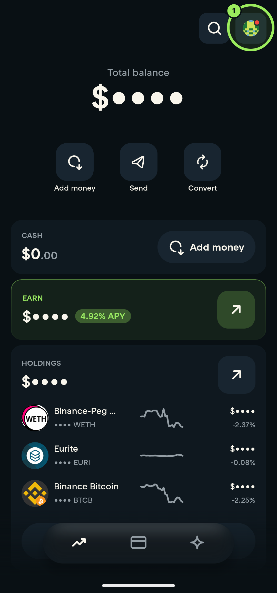 Main page with the profile picture circled in the top-right corner