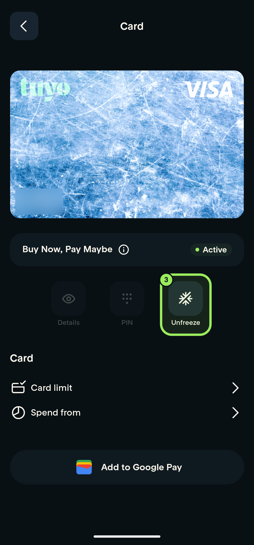 Frozen card-management page with the card identifier blurred and Unfreeze highlighted