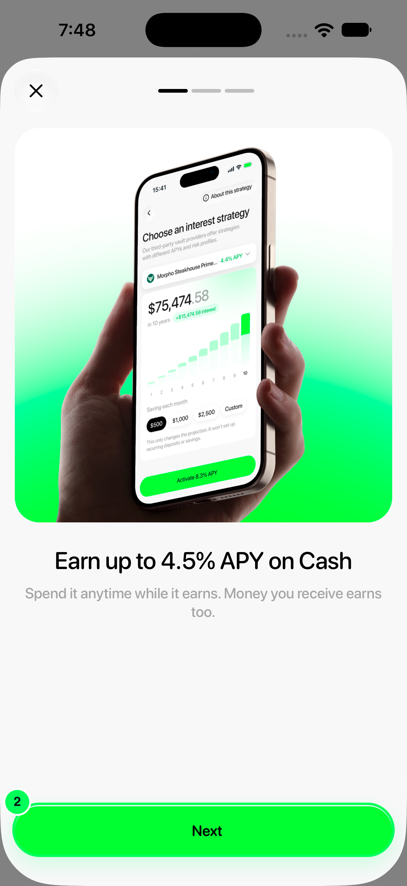 Earn up to 4.5% APY on Cash intro screen with Next highlighted