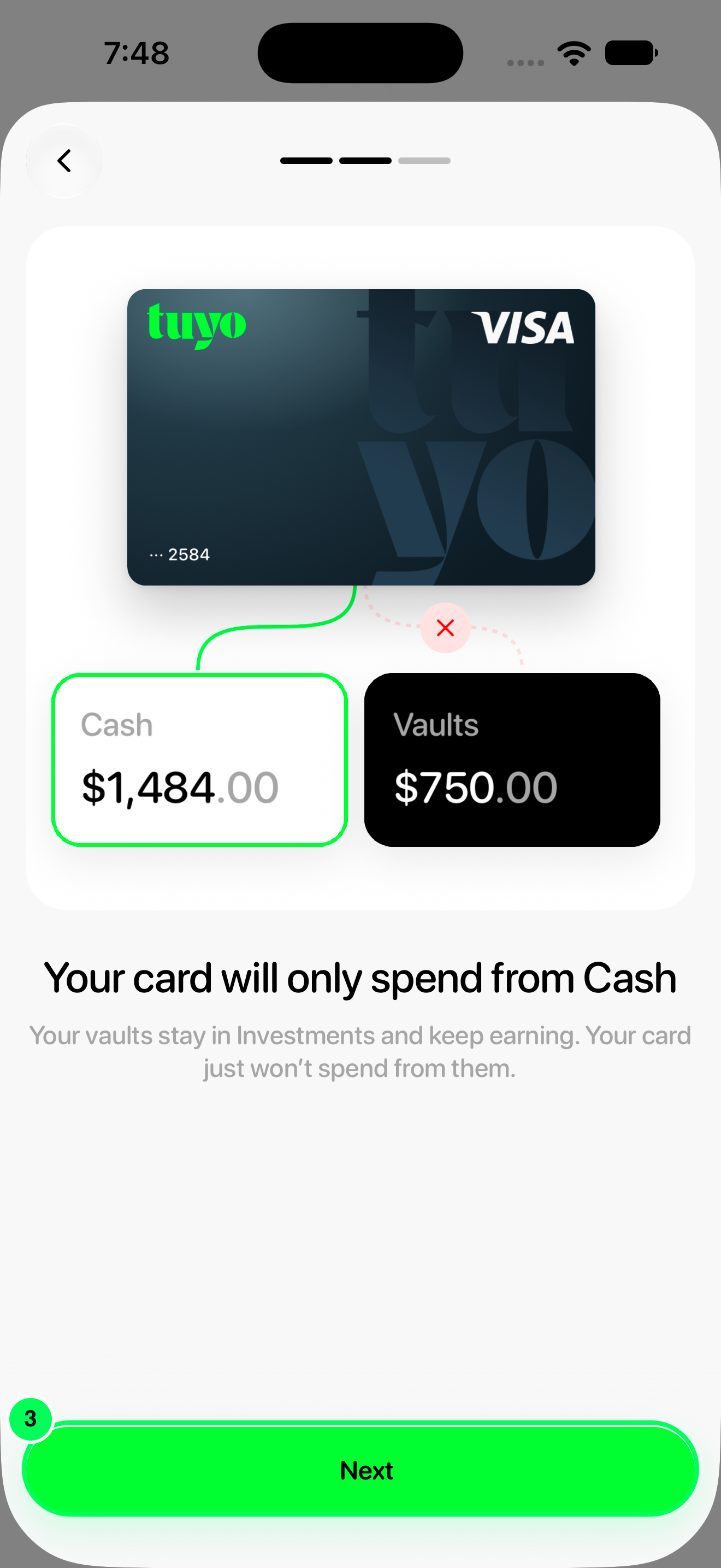 Your card will only spend from Cash intro screen with Next highlighted