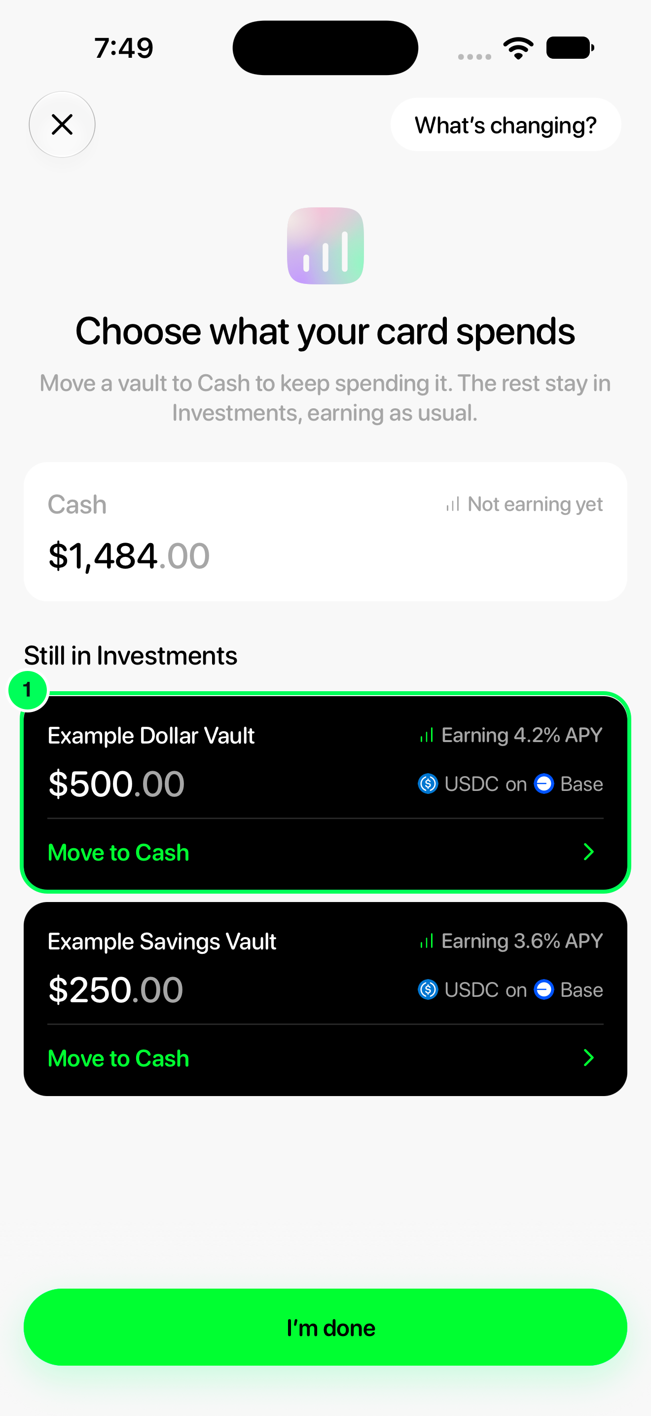 Choose what your card spends screen with Move to Cash on the first vault highlighted