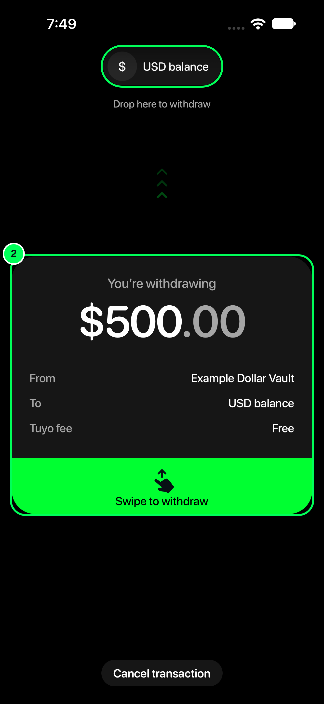 You're withdrawing $500.00 review screen with the swipe card and the USD balance drop target highlighted