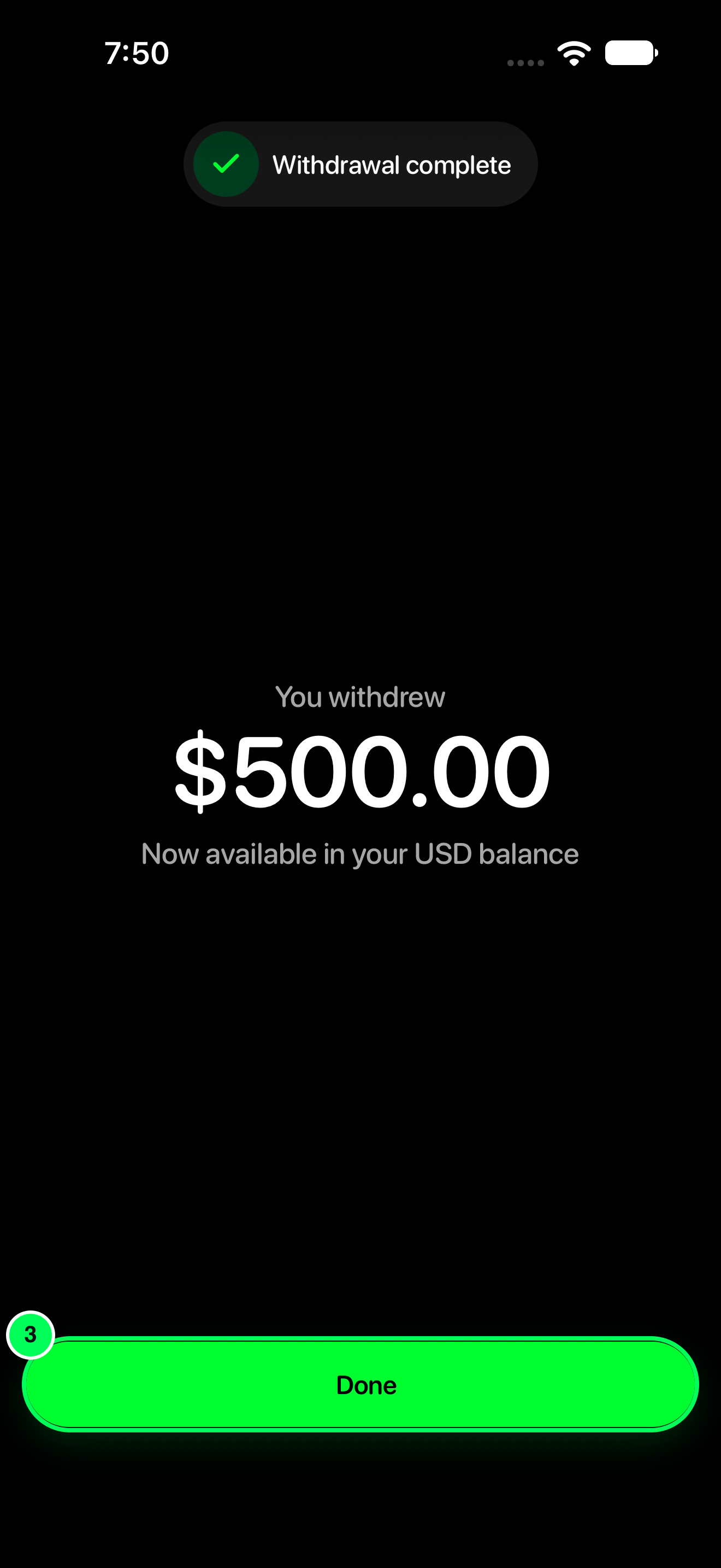 Withdrawal complete screen with Done highlighted