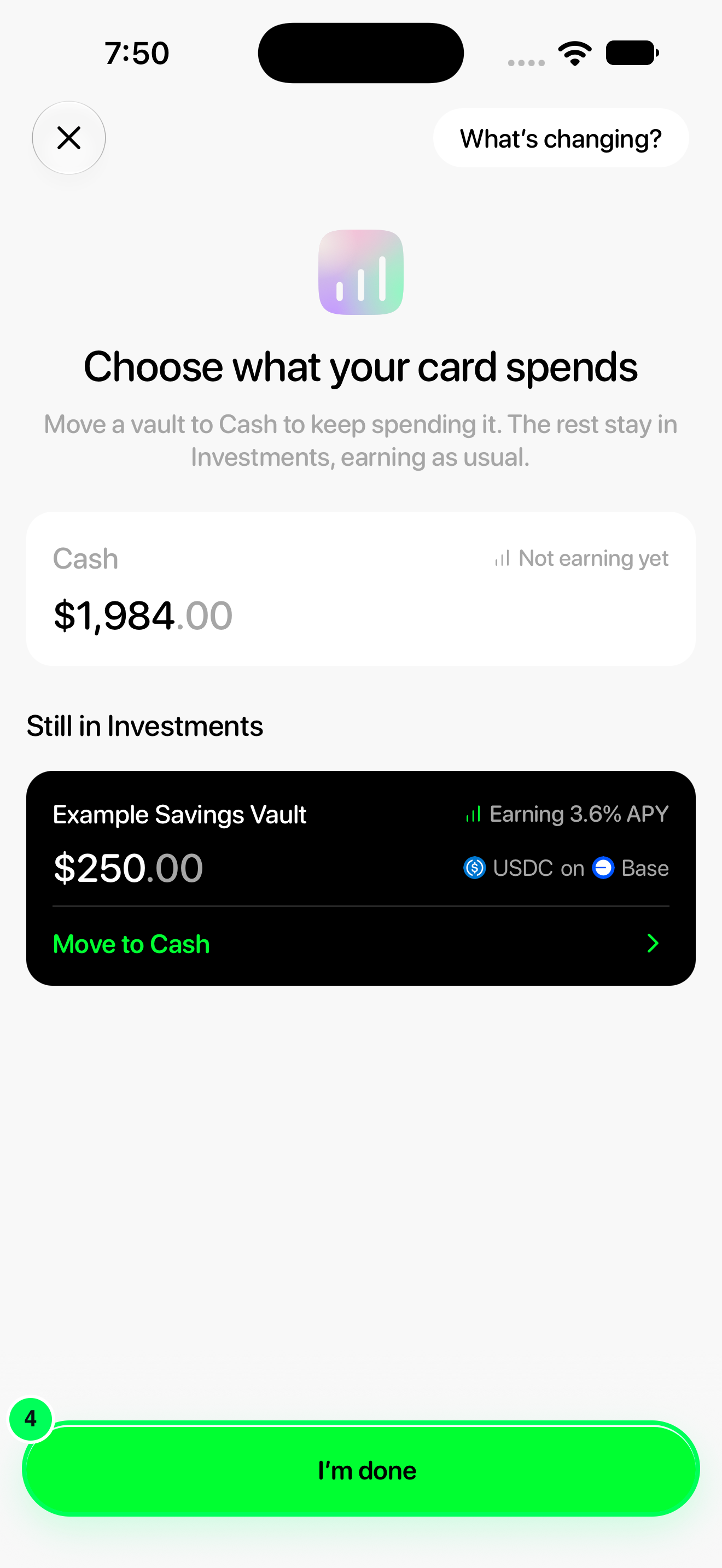 Choose what your card spends screen showing the higher Cash balance and one remaining vault, with I'm done highlighted