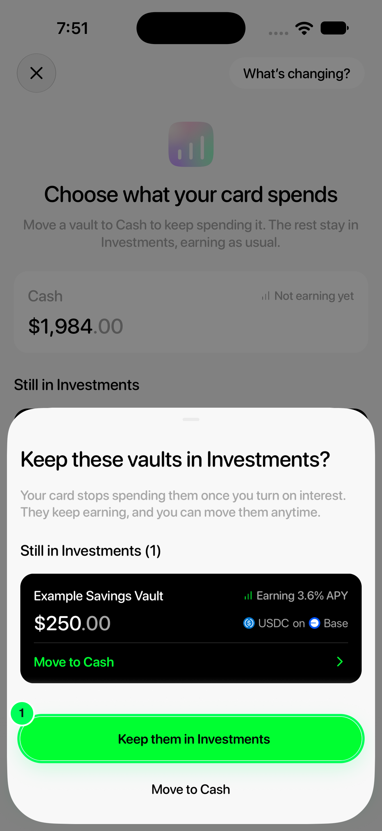 Keep these vaults in Investments? sheet with Keep them in Investments highlighted