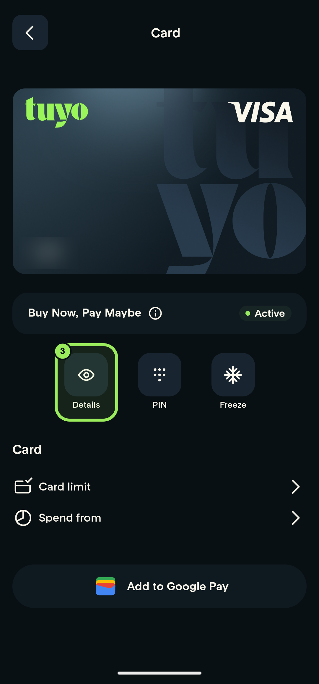 Card management page with the card identifier blurred and Details highlighted