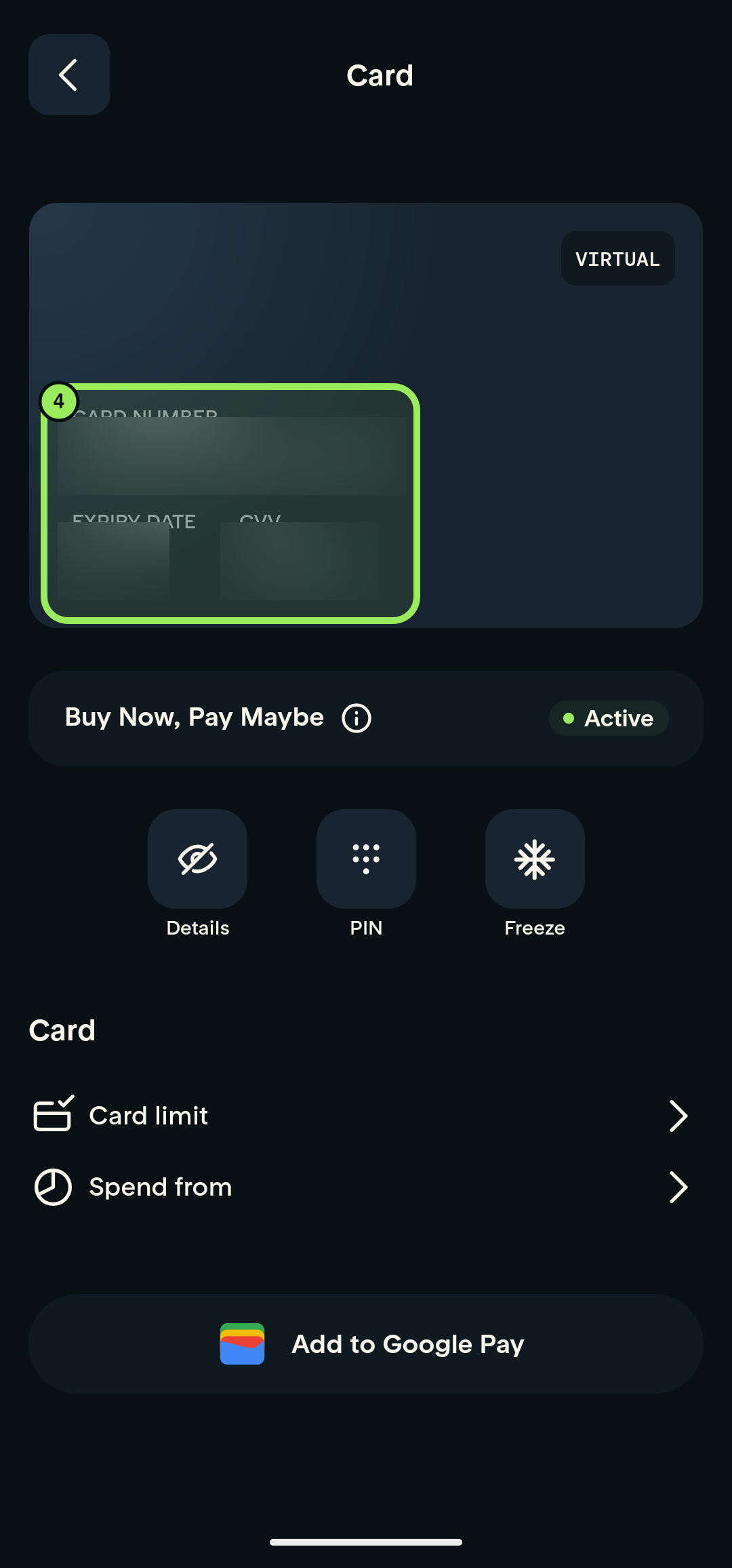 Card page with the card number, expiry date, and security code censored