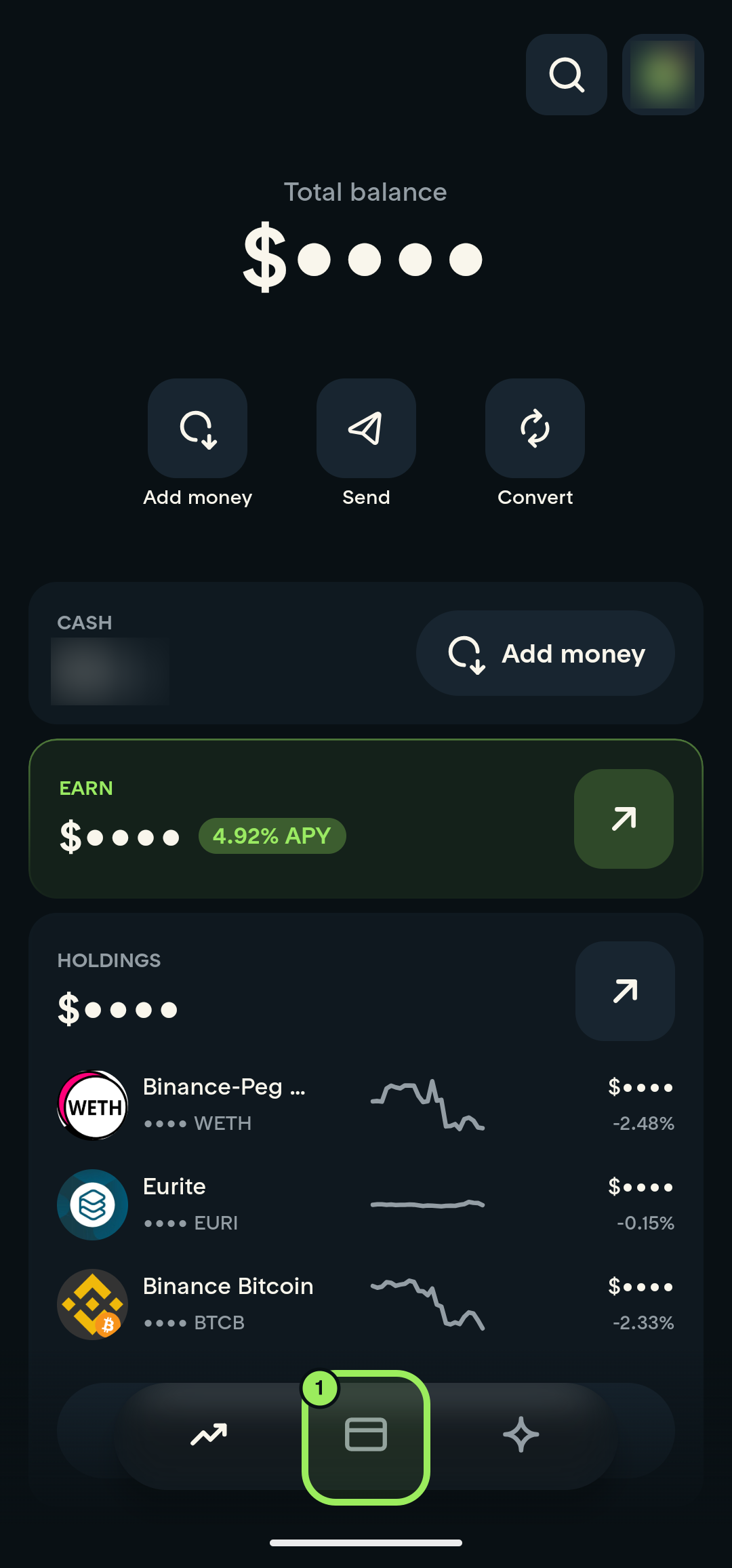 Main page with the Card tab highlighted