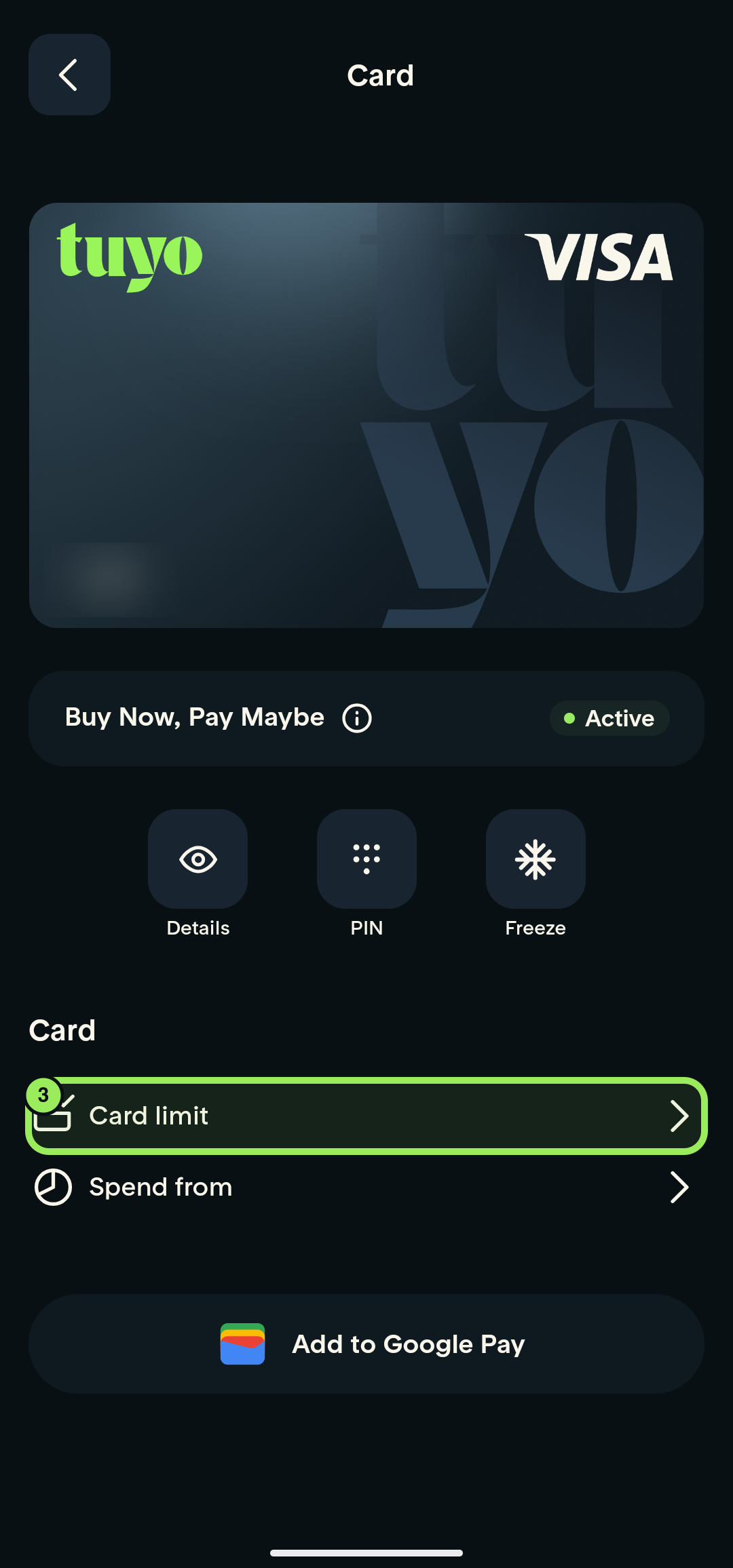 Card-management page with Card limit highlighted